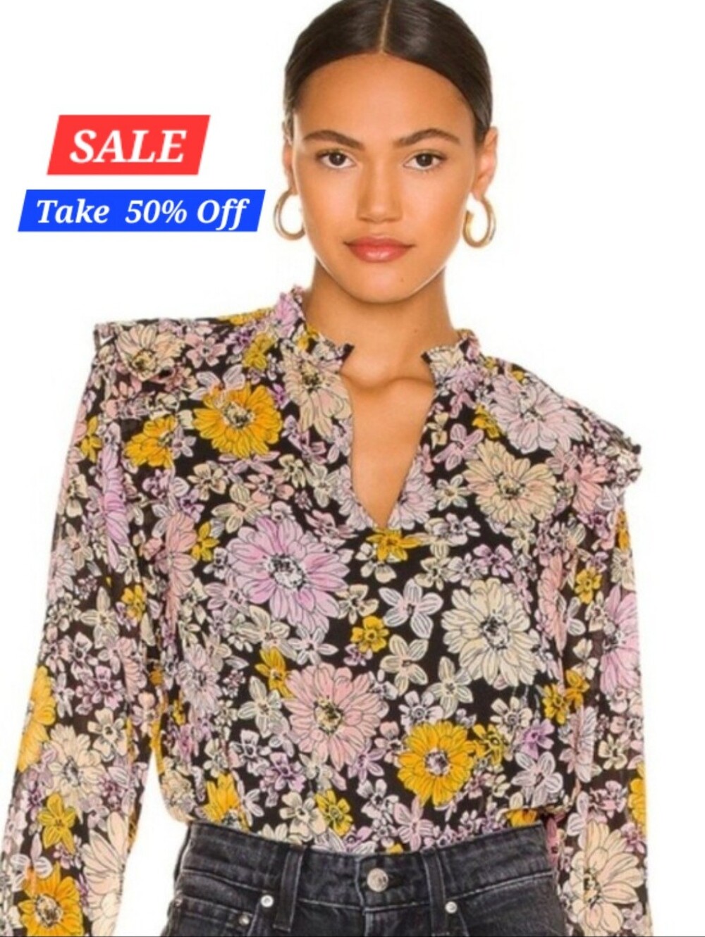 BB Dakota Black Floral Ruffle V-Neck Blouse with Pink & Yellow Blooms Size Small